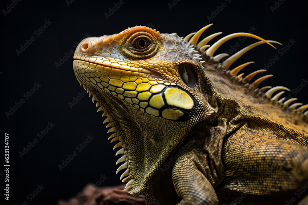 Fototapeta premium portrait of iguana on tree professional photography wide angle 8k aperture geographic wildlife closeup torpical animal ai gen photo national lizard 