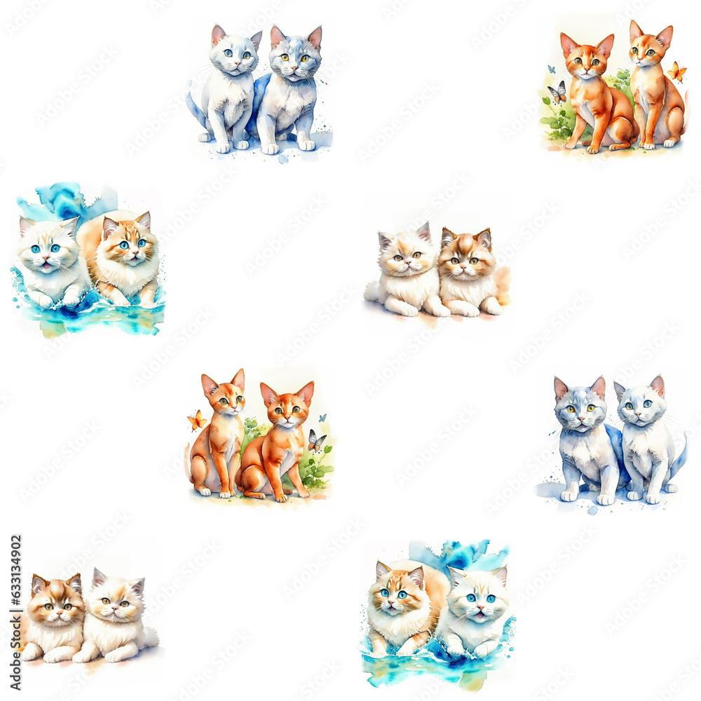  watercolor tiled pattern with cute cats on the white background. Kitten illustration for kids, generative art.