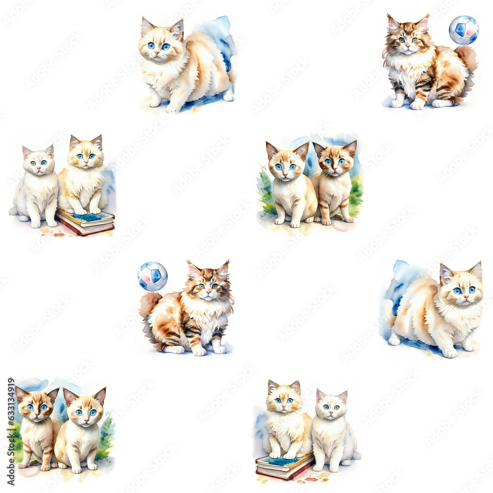 watercolor tiled pattern with cute cats on the white background. Kitten illustration for kids, generative art. watercolor tiled pattern with cute cats on the white background. Kitten illustration for kids, generative art.