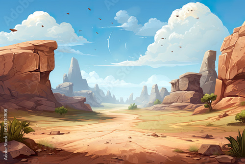 Abstract 2D desert cave background environment for adventure or battle mobile game. Desert cave cartoon style with rocks in game art background environment.
