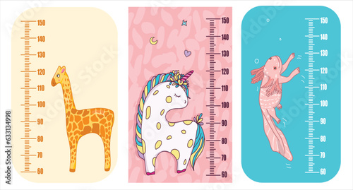 Kids height meter for kindergarten or home with cute animals set vector illustration. Cartoon funny giraffe, unicorn, salamander.