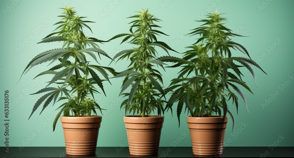 Obraz premium Growing hemp bushes in pots at home. Cannabis medical in the form of seedlings. Concept: Legalization and prohibition of marijuana. Solid background, copy space