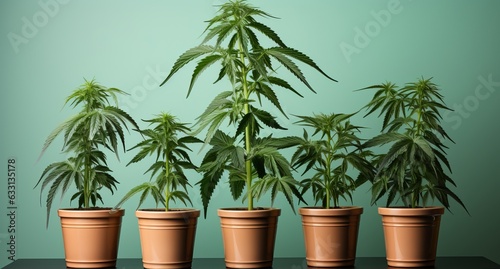 Growing hemp bushes in pots at home. Cannabis medical in the form of seedlings. Concept: Legalization and prohibition of marijuana. Solid background, copy space