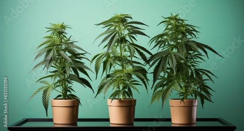 Growing hemp bushes in pots at home. Cannabis medical in the form of seedlings. Concept: Legalization and prohibition of marijuana. Solid background, copy space