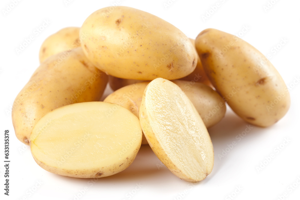 Raw potatoes, fresh uncooked staple food on white background. Raw potatoes, fresh uncooked staple food on white background.