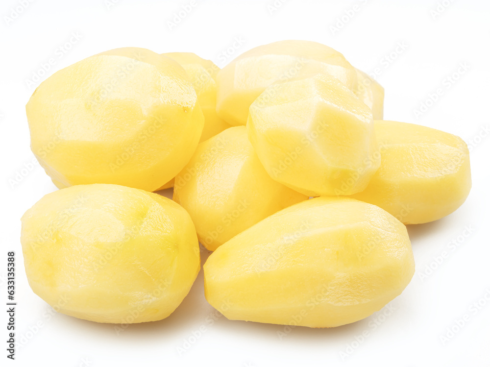 Raw peeled potatoes isolated on white background.
