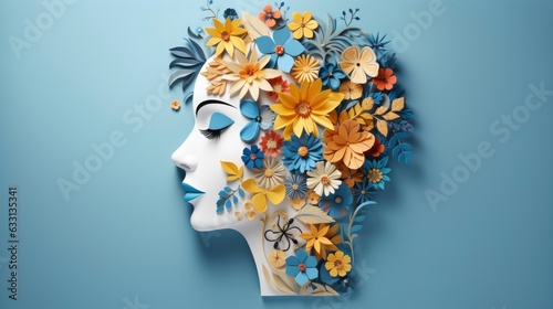 World mental health day concept. Paper symbol of a human head and flowers on a blue background. © Andrey