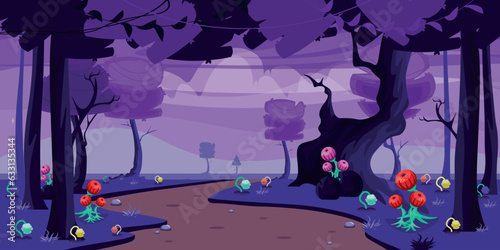 Vector illustration of a beautiful fantasy game forest landscape. Cartoon night landscape scene with majestic trees, mysterious flowers, plants, road, stones, vines, silhouettes in the distance.