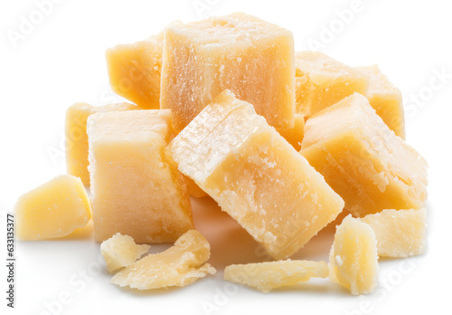 Cubes of parmesan cheese isolated on white background.
