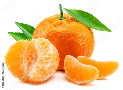 Ripe mandarin fruits with leaf and mandarin slices on white background.