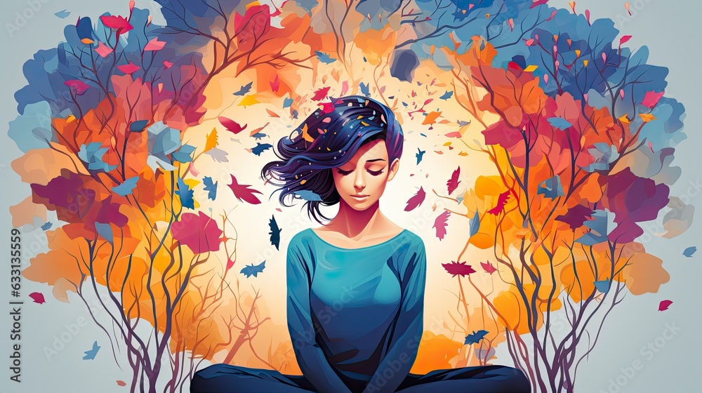 World Mental Health Day. The girl sits with her eyes closed in the middle of the trees. World Mental Health Day. The girl sits with her eyes closed in the middle of the trees.
