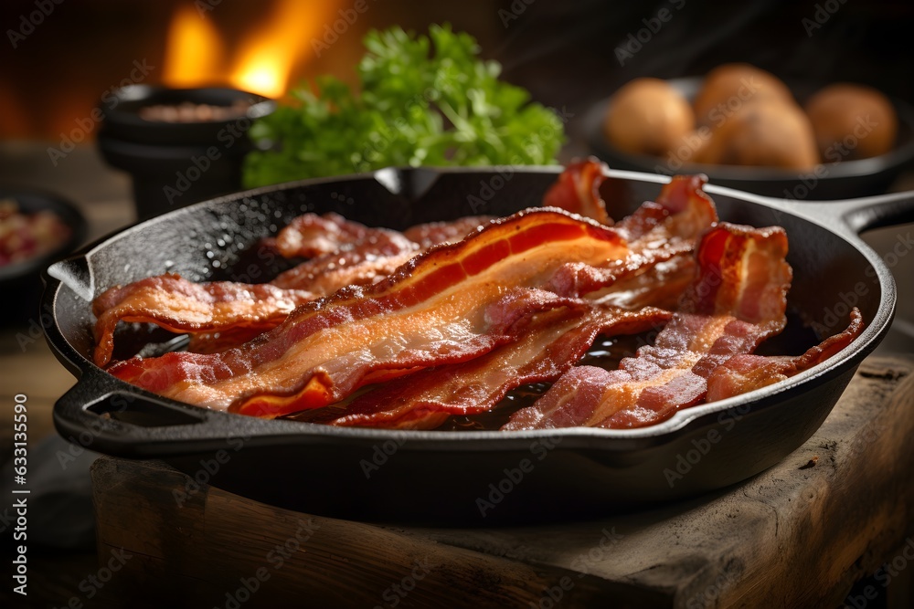Delicious, crispy bacon has just finished frying in a cast iron pan, ready to be eaten for breakfast. Generative AI.