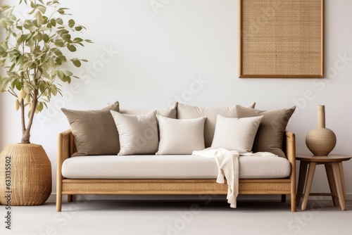 A contemporary living room layout featuring a brown wooden sofa, adorned with pillows, along with a rattan basket, a shiny vase with flowers, and sophisticated decorative items. The design emphasizes