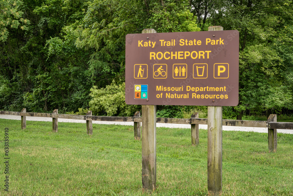 Welcome sign for Katy Trail State Park. The park is the nation's longest rails-to-trails project, 237 mile bike trail, stretching from the Machens to Clinton.