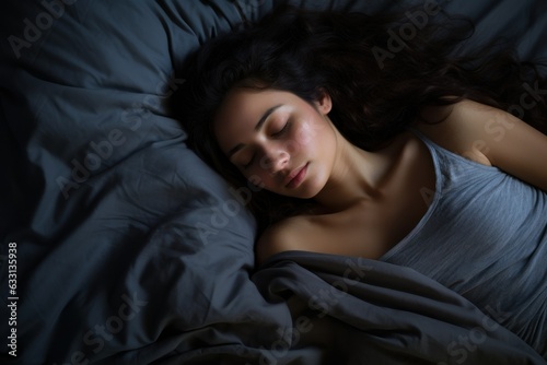 Close-up portrait of a fictional young woman sleeping in a bed at night. Generative AI. © Tuyres