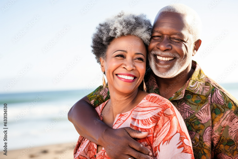 Romantic senior couple happy smiling on beach. Elderly couple enjoying together after retirement. 