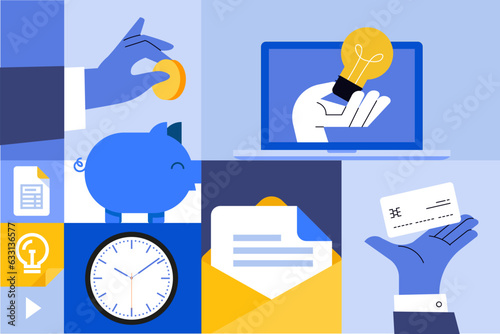 Business creative illustrations. Set of vector concepts of finance, banking, management. Illustrations for web banner, social media, business presentation, marketing material. 