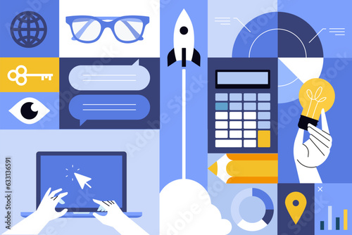 Business creative illustrations. Set of vector concepts of project development, startup, business planning, online communication, office. Illustrations for web banner, social media, business presentat
