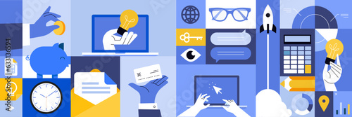 Business creative illustrations. Set of vector concepts of project development, business management and banking. Illustrations for web banner, social media, business presentation, marketing material. 