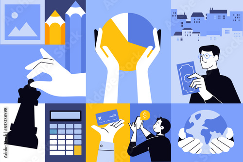 Business creative illustrations. Set of vector concepts of payment methods, budget management, financial advisor. Illustrations for web banner, social media, business presentation, marketing material.