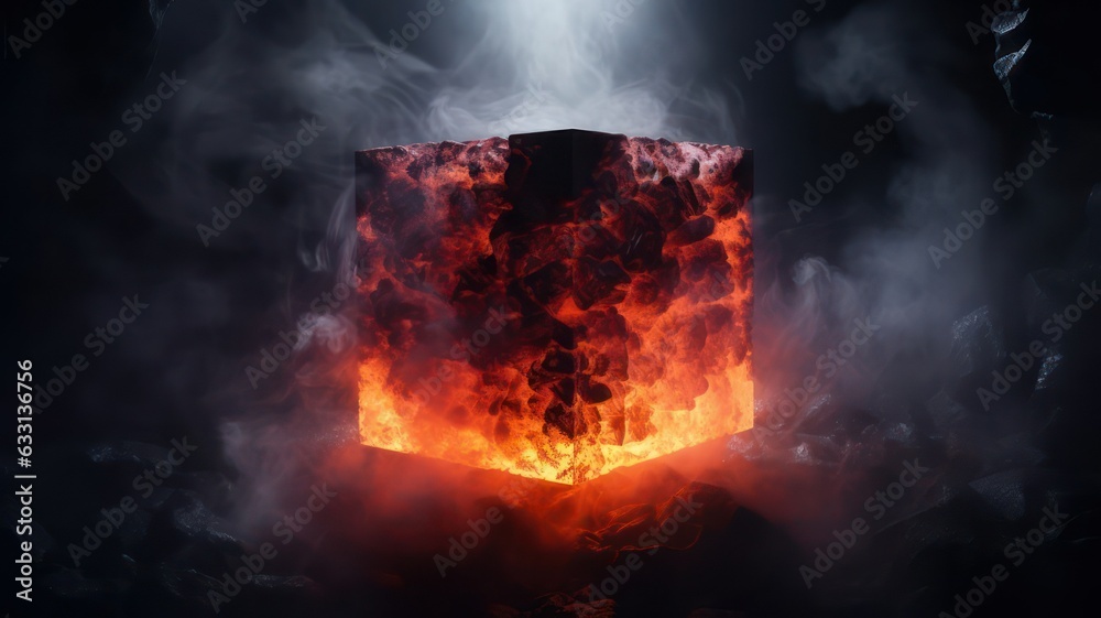 Fototapeta premium Futuristic glowing cube with smoke and heated lava on dark background created with Generative AI