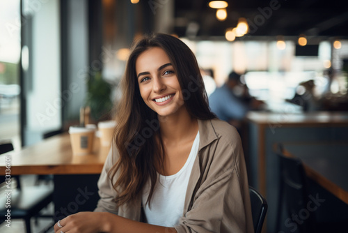 Portrait of a beautiful lady smiling while sitting in a cafe and enjoying her coffee | Fictional character | Photo realistic