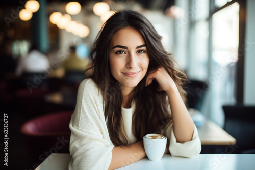Portrait of a beautiful lady smiling while sitting in a cafe and enjoying her coffee | Fictional character | Photo realistic