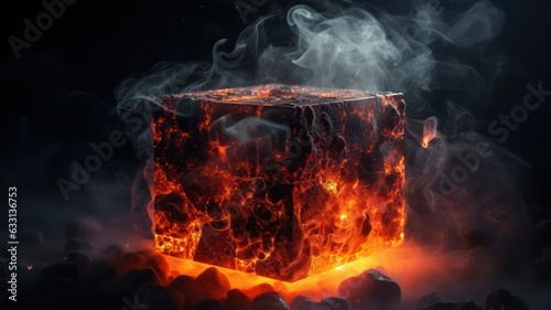 Futuristic glowing cube with smoke and heated lava on dark background created with Generative AI