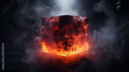 Futuristic glowing cube with smoke and heated lava on dark background created with Generative AI