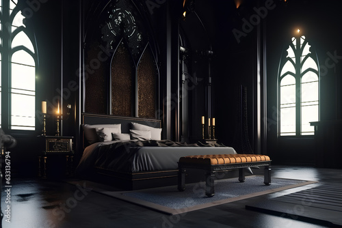 Gothic style bedroom interior with modern bed in luxury house.