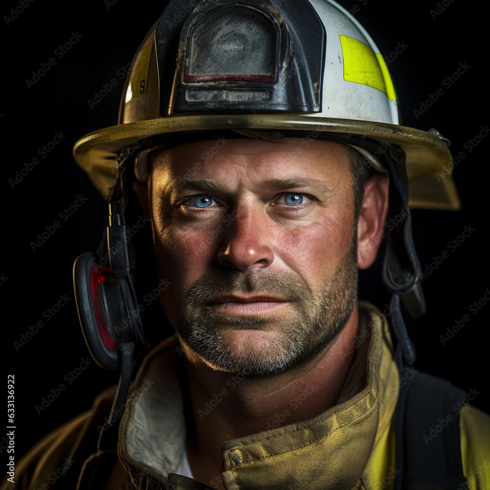 A portrait of a fire fighter wearing a helmet against a dark background | Hyper realistic | Fictional people | Photo realism A portrait of a fire fighter wearing a helmet against a dark background | Hyper realistic | Fictional people | Photo realism