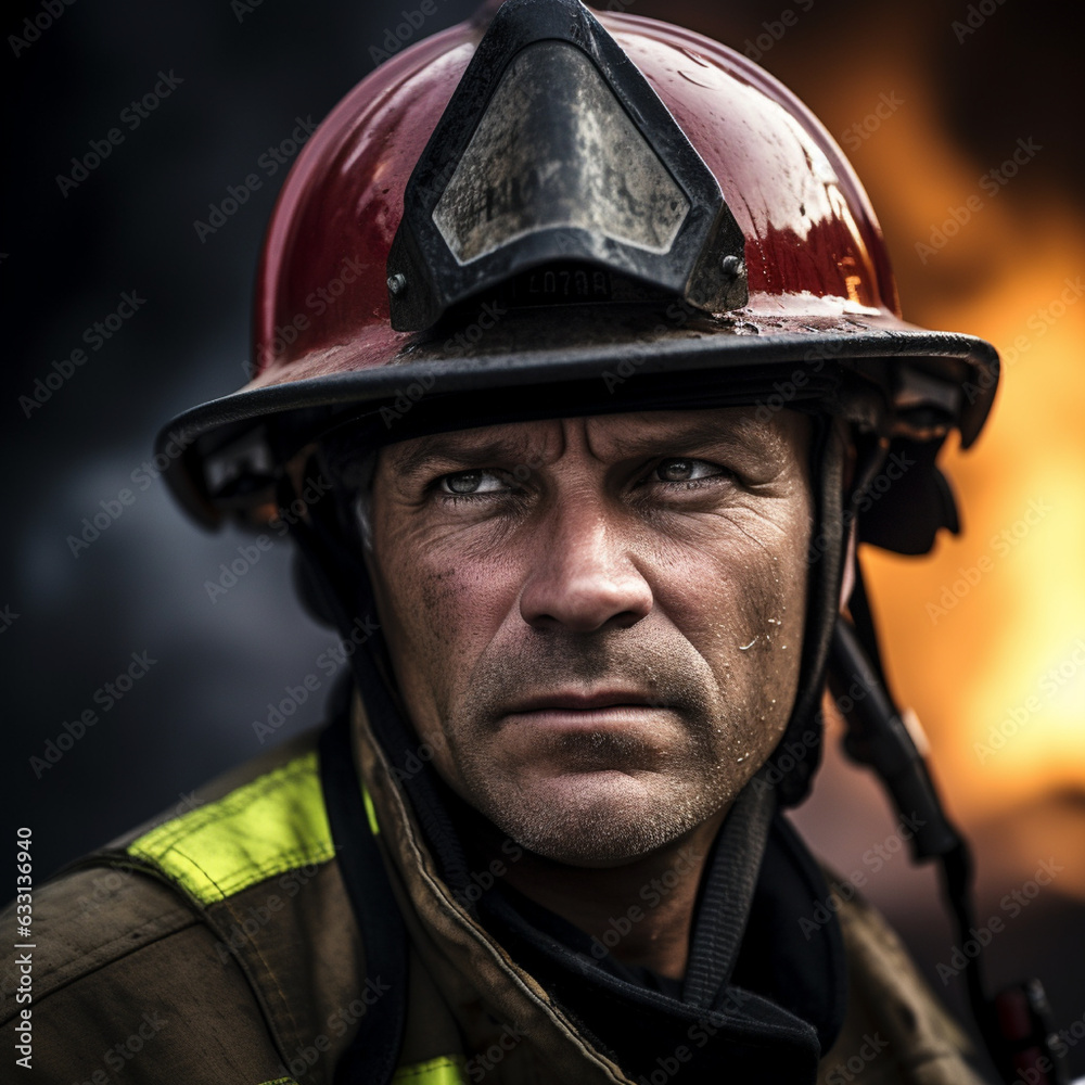 A portrait of a fire fighter wearing a helmet against a dark background | Hyper realistic | Fictional people | Photo realism A portrait of a fire fighter wearing a helmet against a dark background | Hyper realistic | Fictional people | Photo realism
