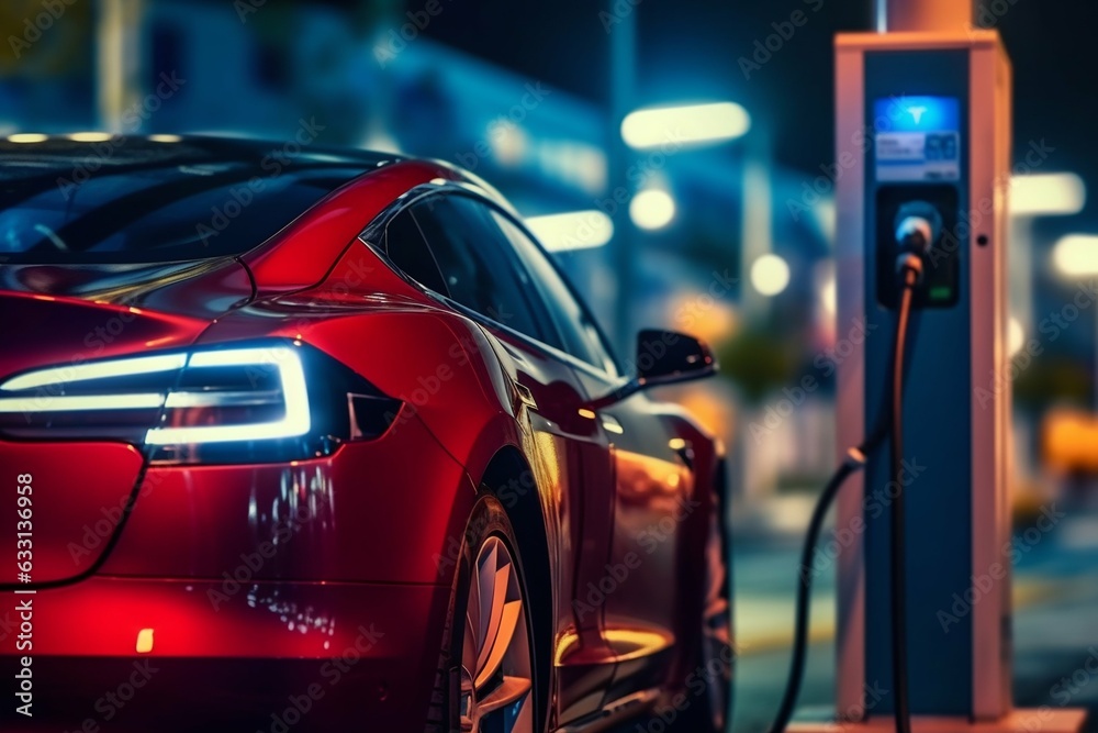 sports electric car near the charging station. Generative AI sports electric car near the charging station. Generative AI