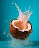 half of a coconut with flying coconut milk on a blue background. Generative AI