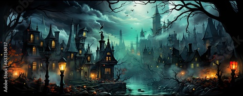 Halloween night with a spooky house and bats, halloween background.