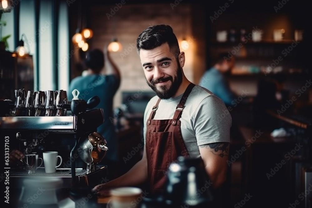 A portrait of a professional Barista in the coffee shop | Fictional character | Hyper realistic | Interior of a coffee shop