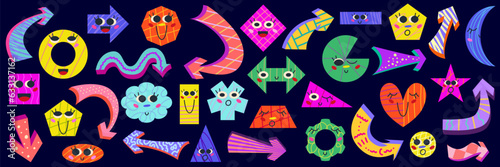 Figure character shape set for math education with playful arrow. Cute smile character geometric for child learn. Figure math with emoji face for kindergarten game. Vector cartoon illustration design