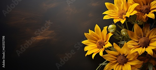Arnica flowers for cosmetic and curative use. Natural fresh Arnica. Copyspace. Photo texture. Horizontal banner. Ai generated photo