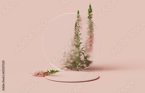 3D display podium pastel pink flower  background with round glass frame.. Nature minimal pedestal for beauty, cosmetic product presentation. Feminine copy space template 3d render