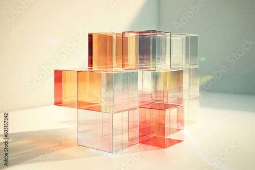 Abstract composition made of different illuminating cubes. Digitally rendered illustration. Technology, business, future, web3, metaverse design concept. Virtual reality, new digital worlds