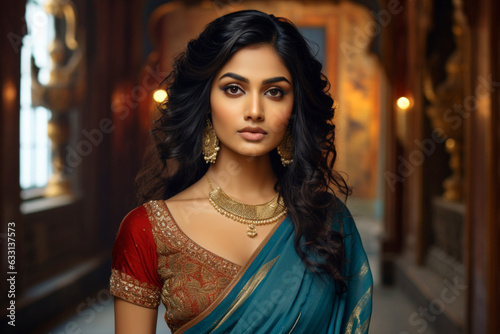 Portrait of a Beautiful Indian Model in Saree and Jewellery in Indian Palace