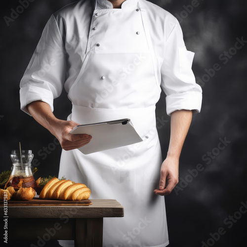 Man baker in white chef uniform holding paper for notes and small pastry on table. Croissant, bread, honey in cafeteria. AI generative photo