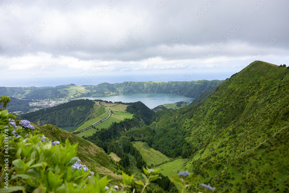 Landscape view of Lagoon of Sete Cidades from Boca do Inferno viewpoint in the island of Sao Miguel, Azores, Portugal