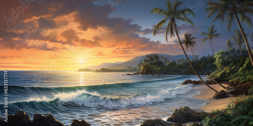 Sunrise on a Calm Beach, Beach Waves and Swaying Palm Trees. Peaceful Landscape. Generative AI