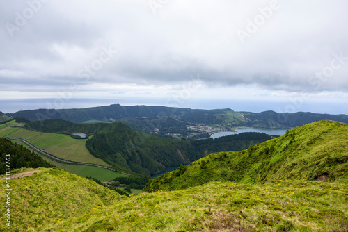 Landscape view of Twin Lakes of Sete Cidades in the island of Sao Miguel  Azores  Portugal