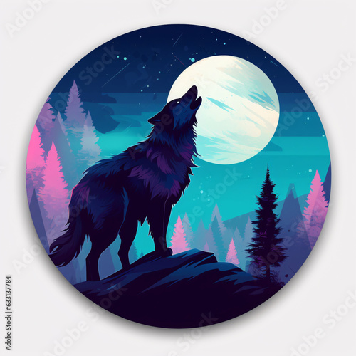 Majestic Wolf's Moonlit Howl: Expressive Sticker Art with Realism & Abstract Allure. Generative AI.