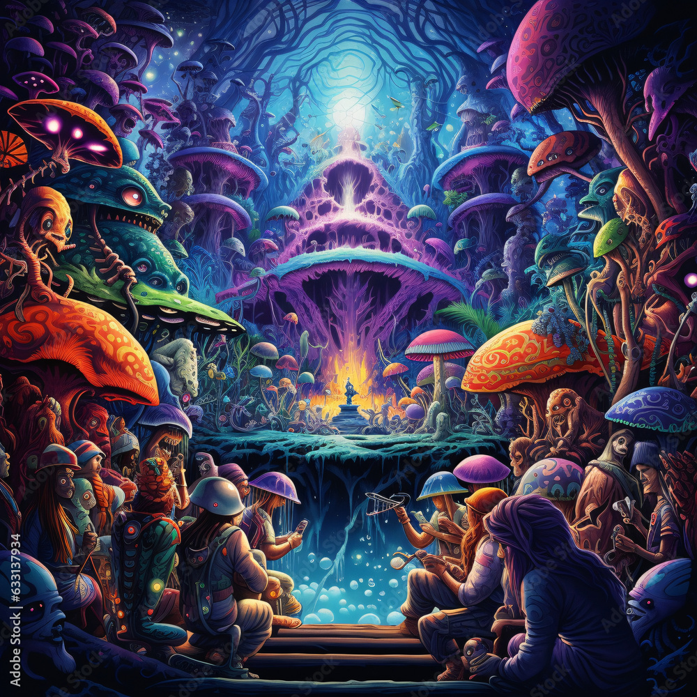 Enchanting Psychedelic Tribe Gathering: Vibrant Unity & Cosmic Exploration. Generative AI.