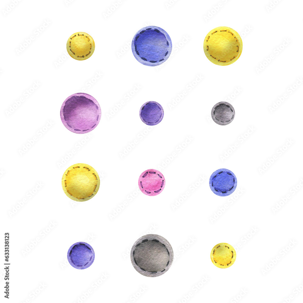 Beads sewn from felt fabric, different colors of yellow, blue, gray, pink with thread stitches. Watercolor illustration, hand drawn. Set of isolated elements on a white background.