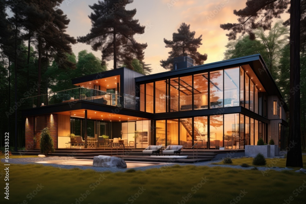 Obraz premium Modern house in the forest, lit up at night. Generative AI.