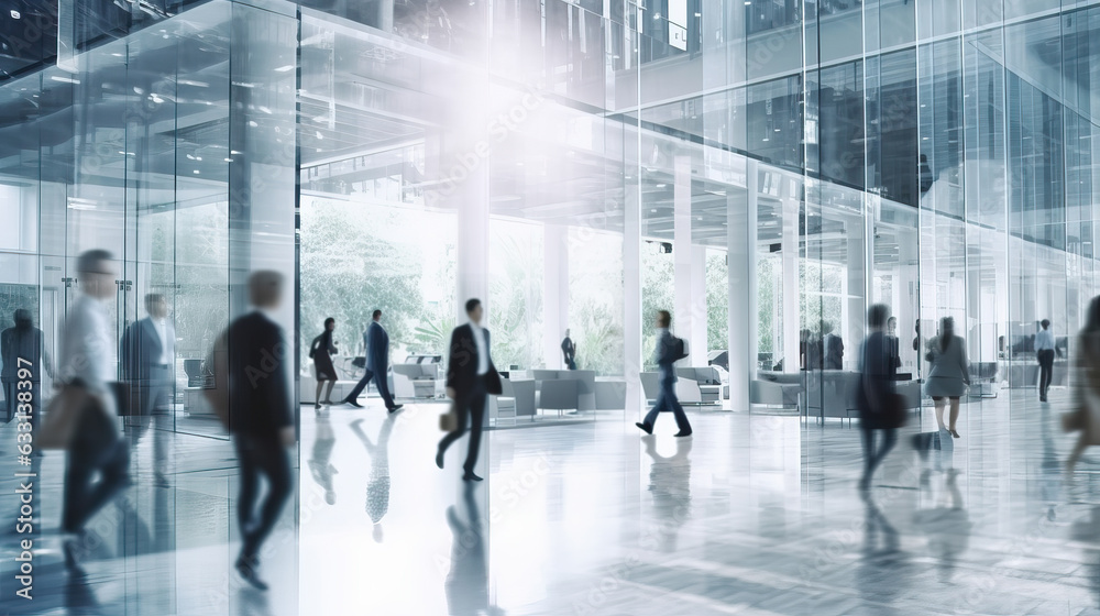 People walking through a busy lobby in a corporate setting